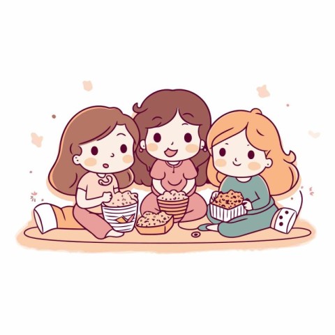 Vector illustration of cute little girls eating cake. Hand drawn