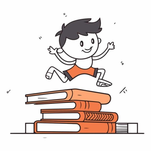 Boy jumping on stack of books. Vector line art cartoon illustrat