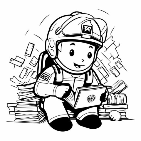 Black and White Cartoon Illustration of a Kid Boy Astronaut Read