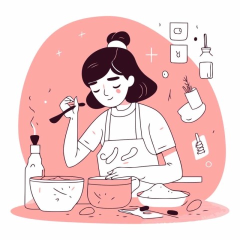 Young woman cooking in the kitchen in cartoon style.