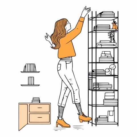 Vector illustration of a young woman standing in front of booksh