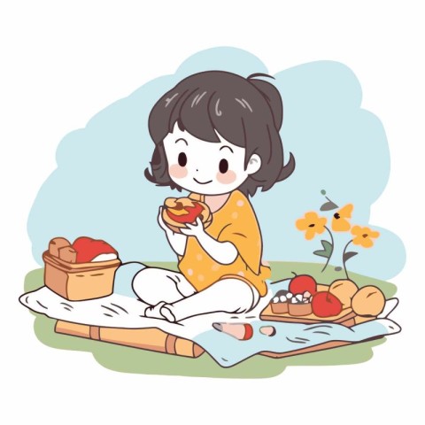 Illustration of a Cute Girl Enjoying an Apple Picnic