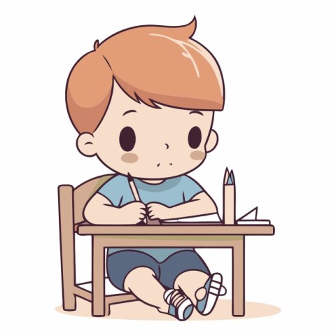 Illustration of a Cute Little Boy Sitting at his Desk and Drawin