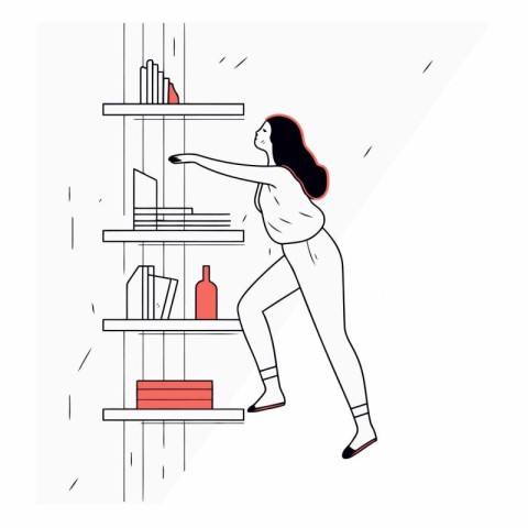 Vector illustration of a woman standing on the bookshelf. Line a