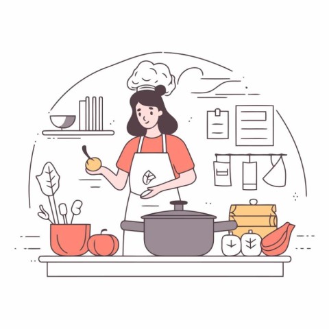 Woman cooking in the kitchen. vector line illustration on white