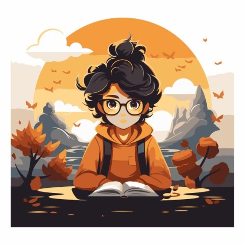 Vector illustration of a boy reading a book in the autumn park.