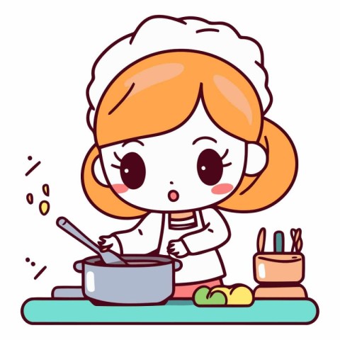 Vector illustration of a cute girl cooking in the kitchen. Carto