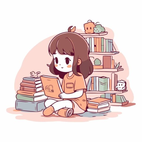 Girl reading a book in the library in cartoon style.