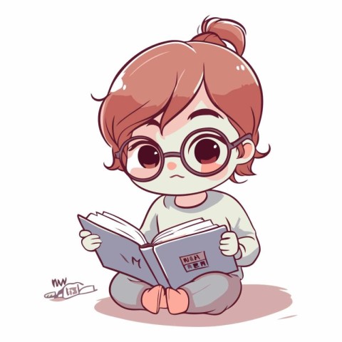 Illustration of a Cute Little Girl Reading a Book on a White Bac