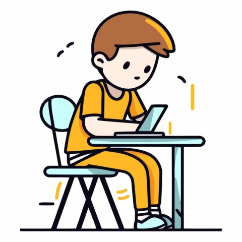 Boy sitting at desk and working on laptop. Vector line art illus