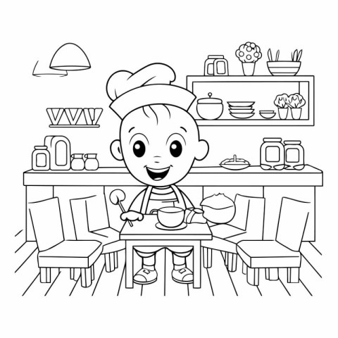 Cute little boy in the kitchen. Black and white vector illustrat