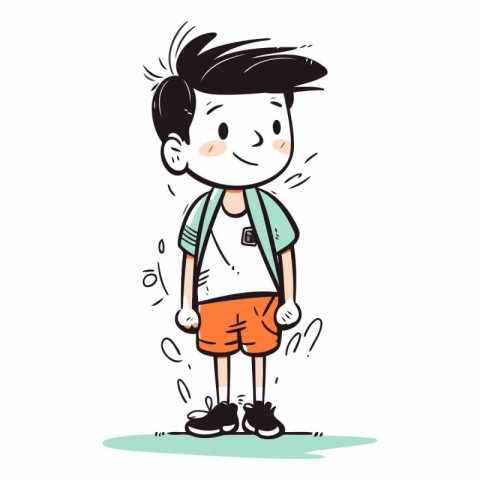 Cute little school boy with backpack. Vector hand drawn illustra