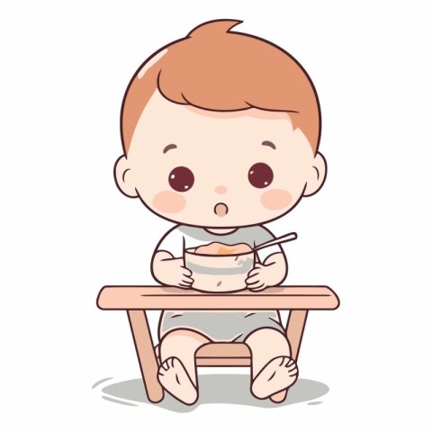 Cute baby boy sitting on chair and eating soup.