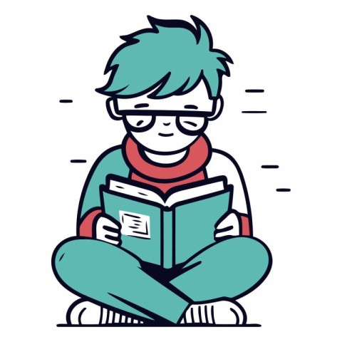 Boy reading a book in doodle style.