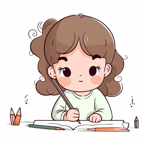 Cute little girl doing her homework in cartoon style.