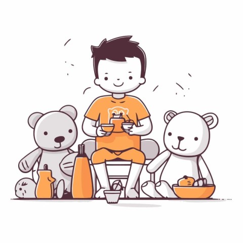 Little boy drinking tea with his friends in cartoon style.