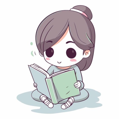 Illustration of a cute little girl reading a book on a white bac