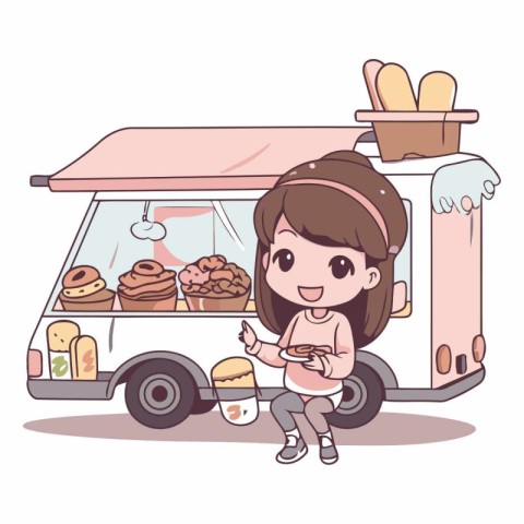 Illustration of a Cute Little Girl Riding a Fast Food Truck