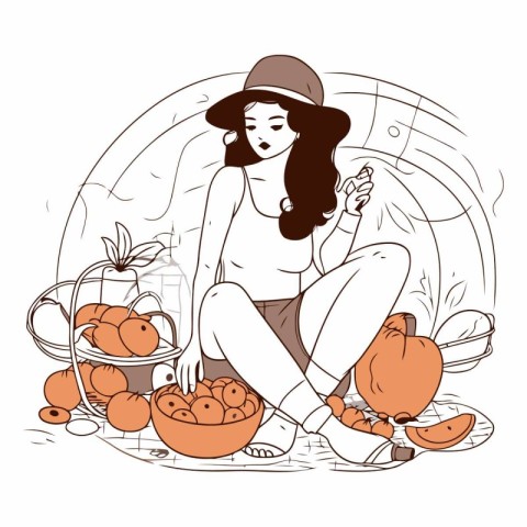 Young woman sitting on the floor with basket of fruits