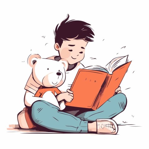 Cute boy reading a book with teddy bear.