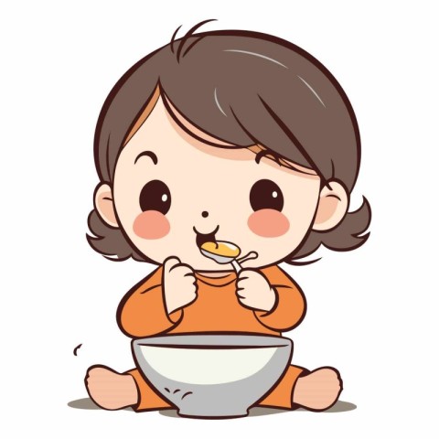 Cute Little Girl Eating A Bowl Of Food Vector Illustration.