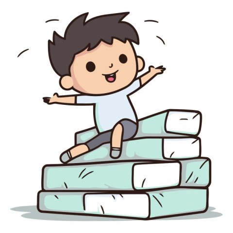 Boy sitting on a stack of books. Vector character cartoon illust