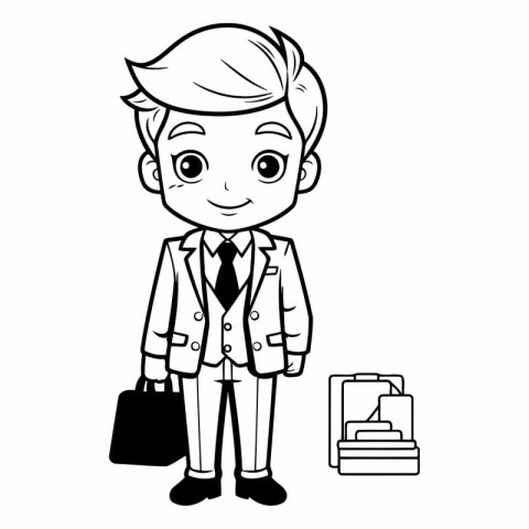 School boy cartoon with briefcase and backpack black and white v