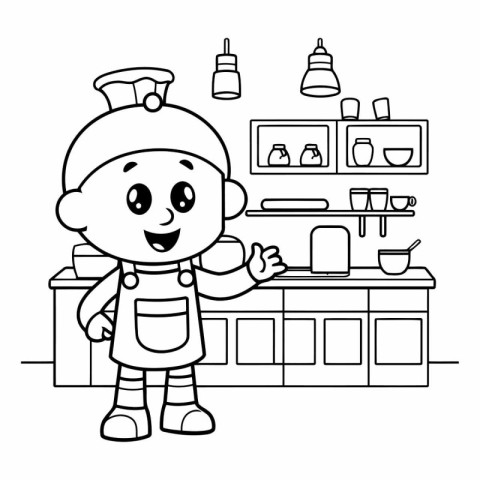 Cute little boy in the kitchen. Black and white vector illustrat