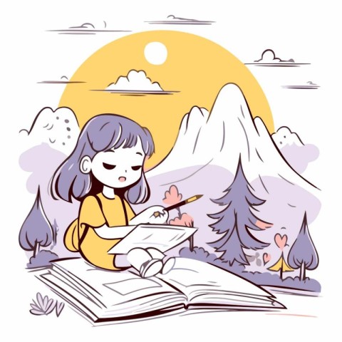 Girl reading a book in the park. Cute vector illustration.