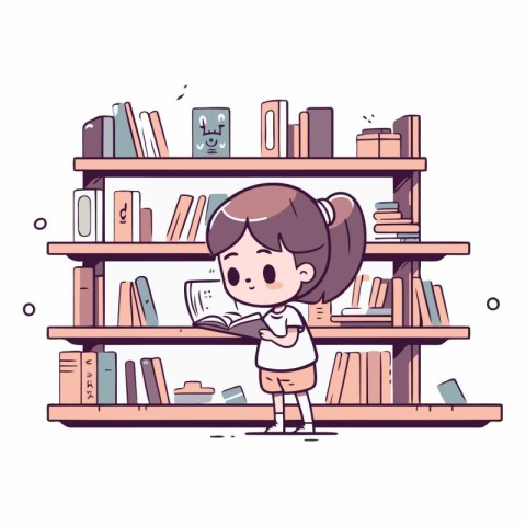 Little girl reading a book on the bookshelf.