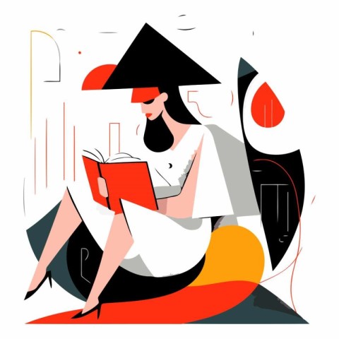 Vector illustration of a girl in a hat reading a book. Flat styl