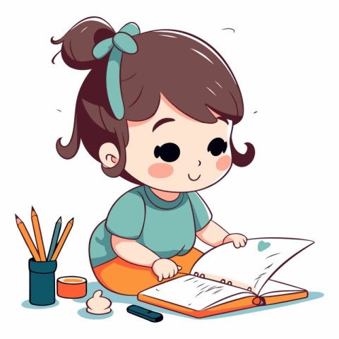 Cute little girl doing homework in cartoon style.