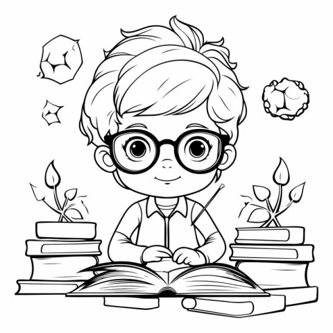 Cute boy reading a book. Black and white vector illustration.