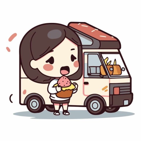 Cute woman eating ice cream - Retro food truck cartoon vector il