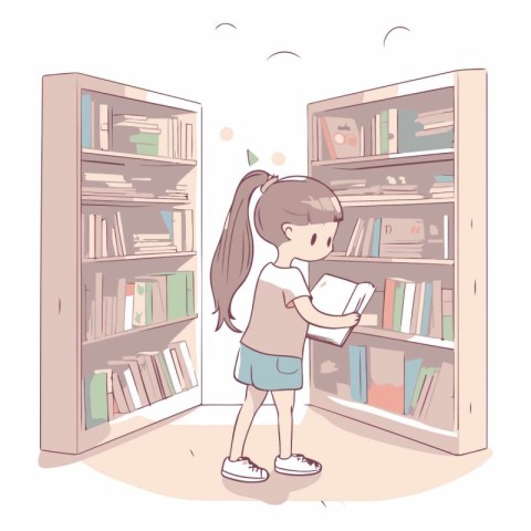 Illustration of a Little Girl Reading a Book in the Library.