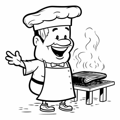 Black and White Cartoon Illustration of Happy Chef Character wit