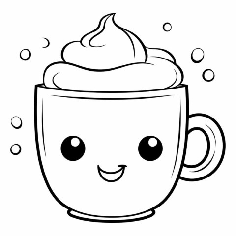 Coffee mug with whipped cream. black and white vector illustrati