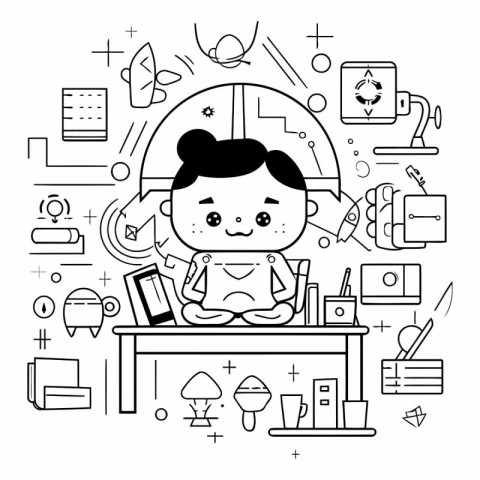 Vector line art illustration of a girl sitting at the desk with