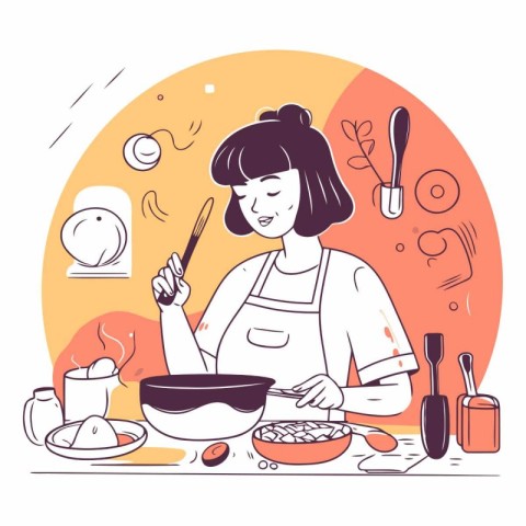 Woman cooking in the kitchen in a flat style.