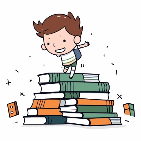 boy climbing on a pile of books. education concept