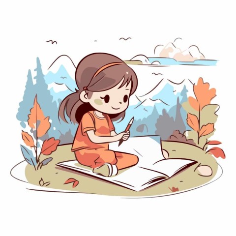 Cute little girl reading a book in the park