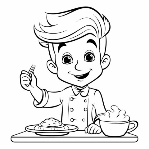 Boy Eating Pasta - Black and White Cartoon Illustration. Vector