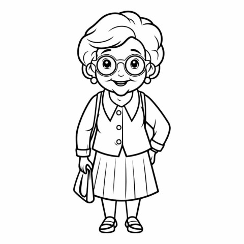 Black and White Cartoon Illustration of Cute Little Girl Student