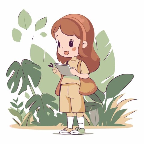 Girl with a tablet in the park in cartoon style.