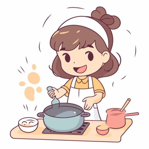 Illustration of a Little Girl Cooking in the Kitchen. Cartoon St