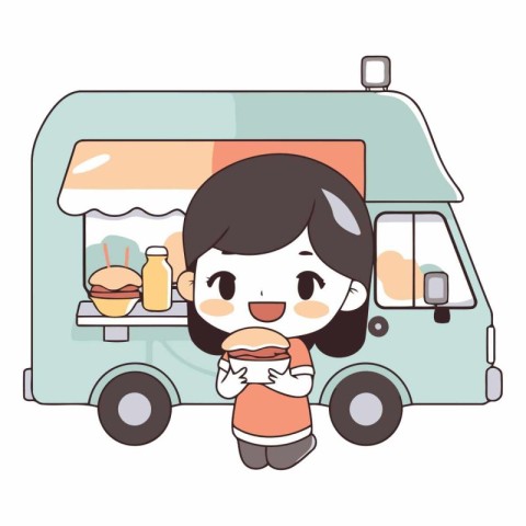 Illustration of a woman eating a hamburger outside a food truck