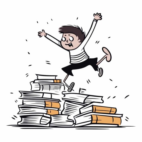 Happy schoolboy jumping over a pile of books.