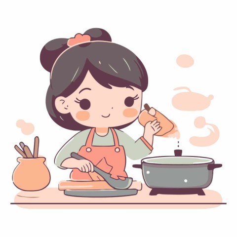 Illustration of a cute little girl cooking in the kitchen at hom