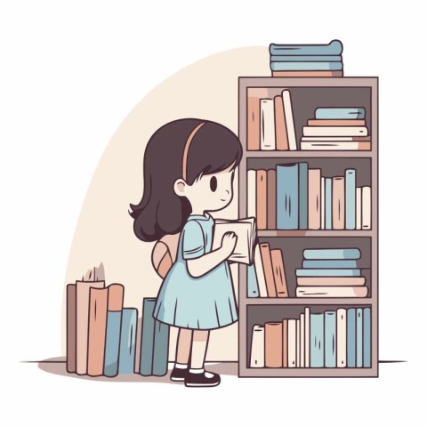 Little girl reading a book in the library. Cute cartoon vector i