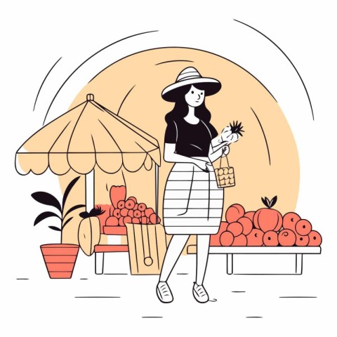 Vector illustration of a woman buying fruits in the market. The